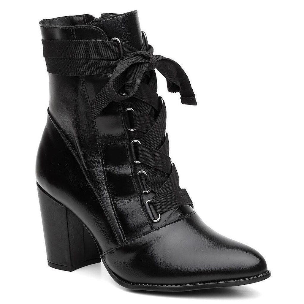 Bota Coturno Feminina Couro Cadarço Salto Médio Dia a Dia