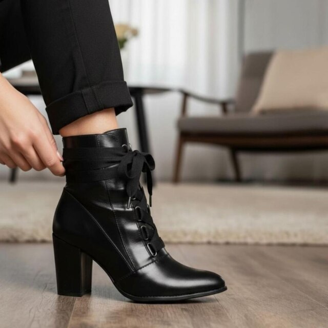 Bota Coturno Feminina Couro Cadarço Salto Médio Dia a Dia