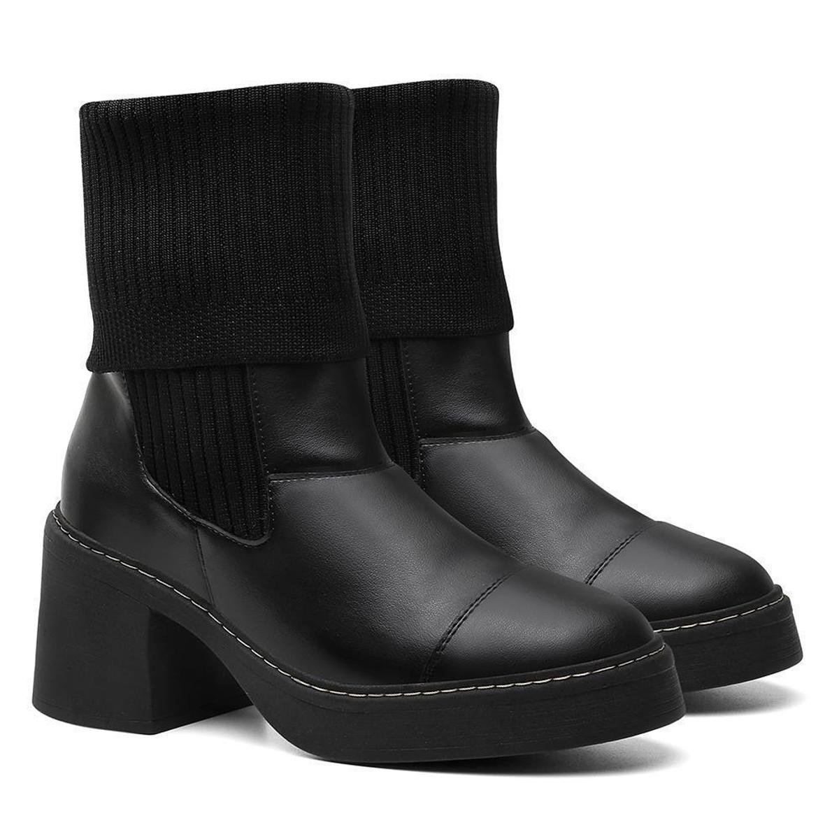 Bota Coturno Feminina Couro Cano Alto Meia Dobrável - Preto Menor preço em Bota Coturno Feminina Couro Cano Alto Meia Dobrável - Preto