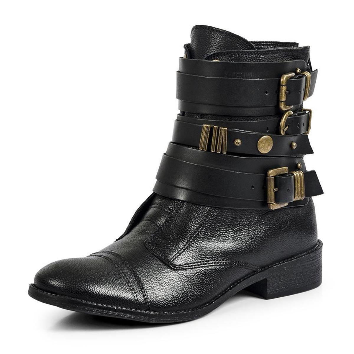 Bota Coturno Feminina Couro Cano Médio Fivelas Conforto Menor preço em Bota Coturno Feminina Couro Cano Médio Fivelas Conforto