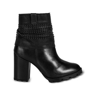 Bota Coturno Feminina Couro Zíper Apliques Cano Médio Casual