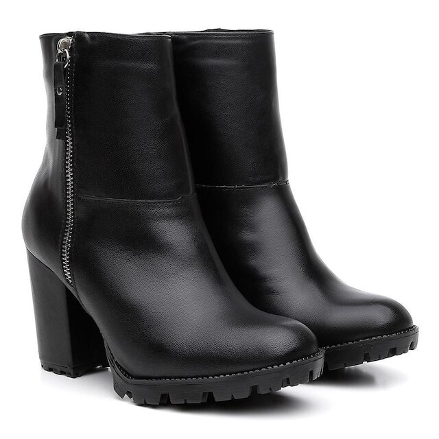 Bota Coturno Feminina Couro Zíper Cano Médio Lisa Casual