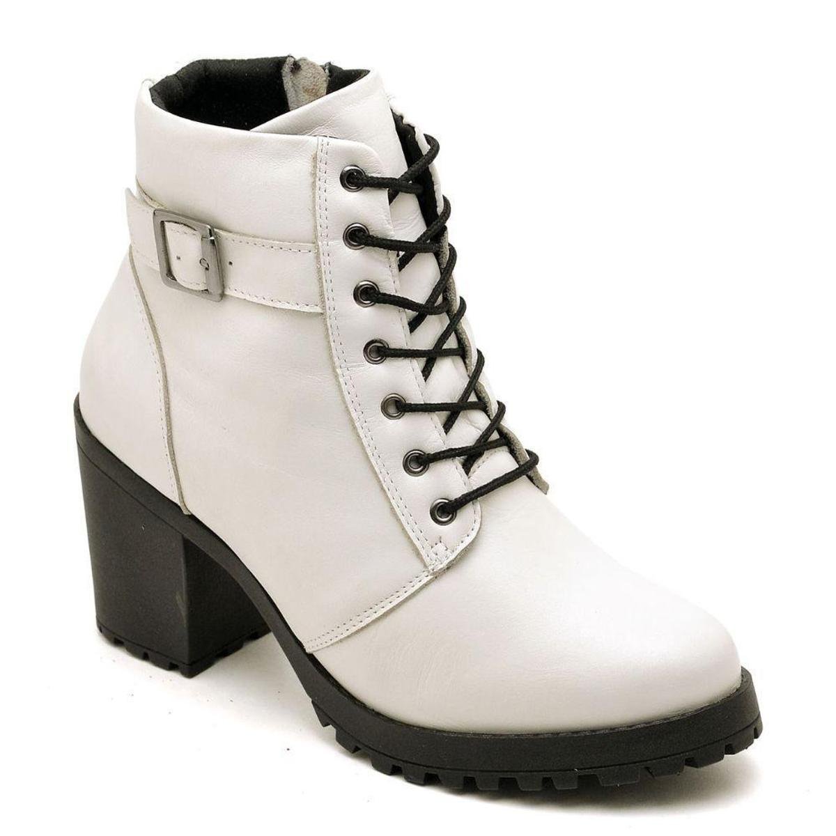 Bota Coturno Feminina de Couro Lisa Cano curto com Salto Grosso Ziper e Cadarço Menor preço em Bota Coturno Feminina de Couro Lisa Cano curto com Salto Grosso Ziper e Cadarço