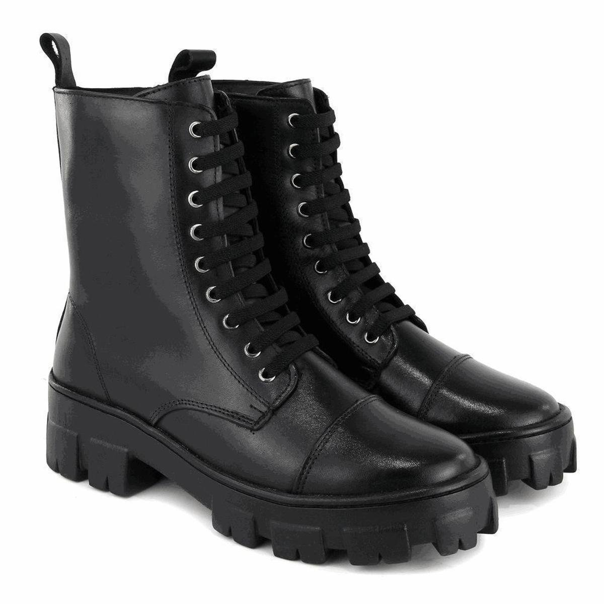 Bota Coturno Feminina Lisa Cadarço Cano Alto Conforto - Preto Menor preço em Bota Coturno Feminina Lisa Cadarço Cano Alto Conforto - Preto
