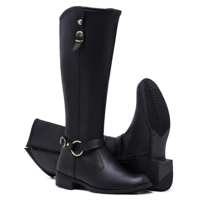 Bota Coturno Feminina Montaria Cano Longo Detalhe Fivela Zíper Lateral