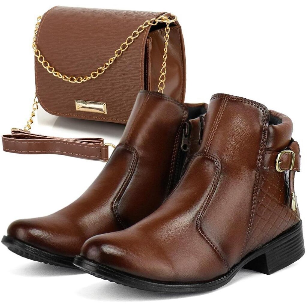 Bota coturno feminina preta com sola tratorada e Bolsa Ombro