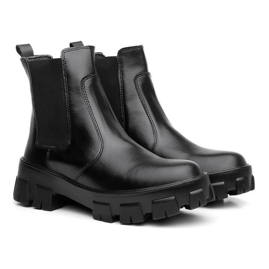 Bota Coturno Feminina Tratorada Elástico Confortável Casual - Preto