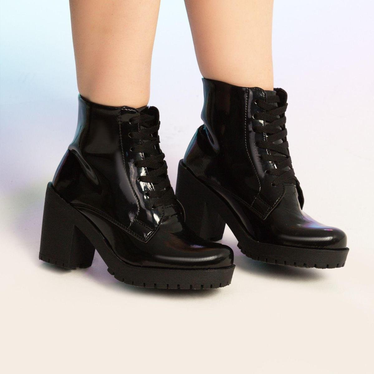 Bota Salto Baixo Bota De Verniz Preta Cano Curto Bota Feminina