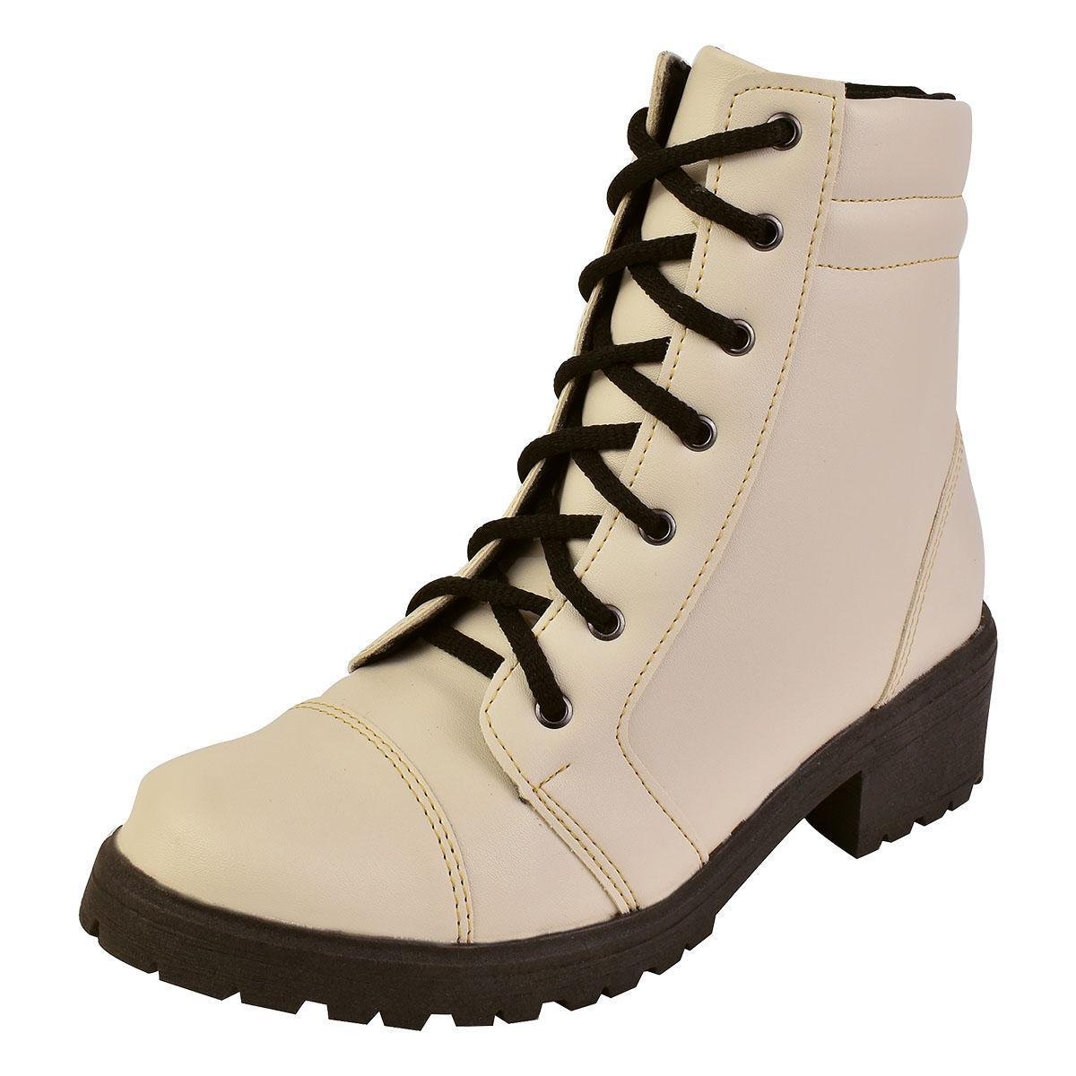 Bota Coturno Feminino Casual Salto Baixo Tratorado Branco Menor preço em Bota Coturno Feminino Casual Salto Baixo Tratorado Branco