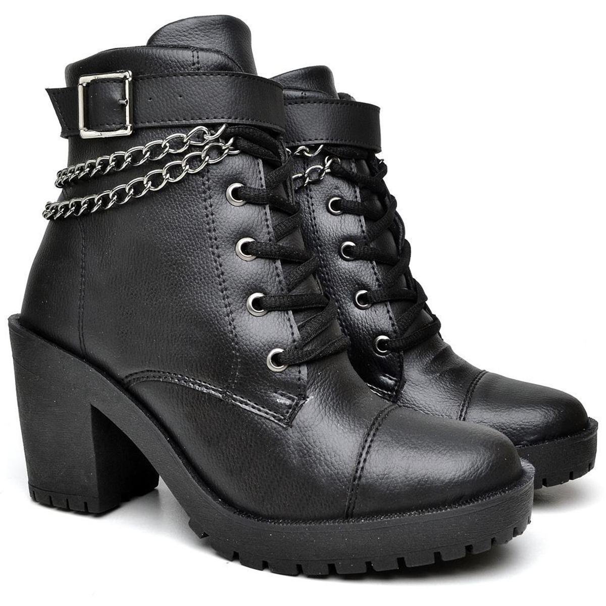Bota Coturno Feminino com Cadarço Zíper Detalhe em Corrente e Fivela - Preto Menor preço em Bota Coturno Feminino com Cadarço Zíper Detalhe em Corrente e Fivela - Preto