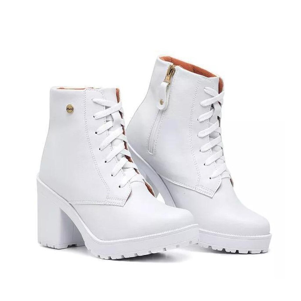 Bota Coturno Feminino com Salto Grosso Fechamento Zíper e Cadarço Branco