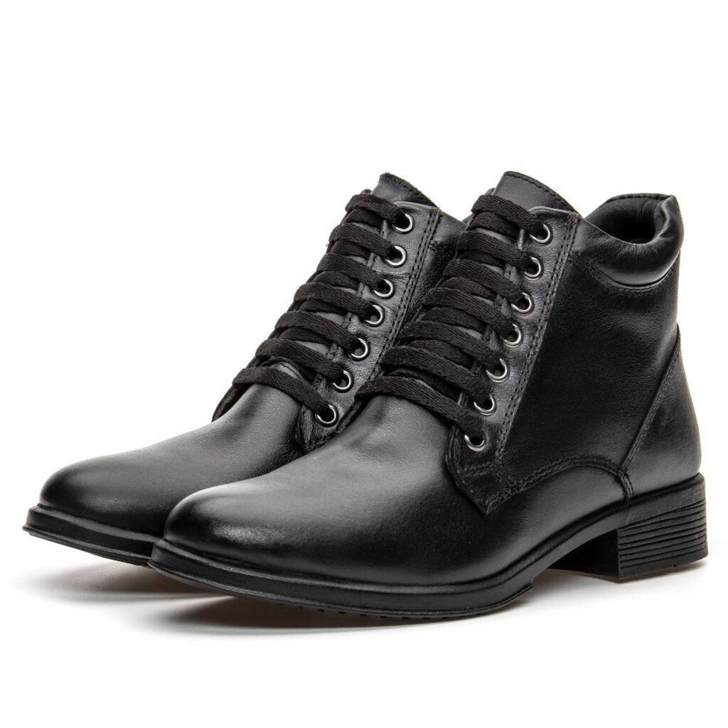 Bota Coturno Feminino Em Couro Cano Medio Fechamento Cadarço Solado Borracha Inverno Frio