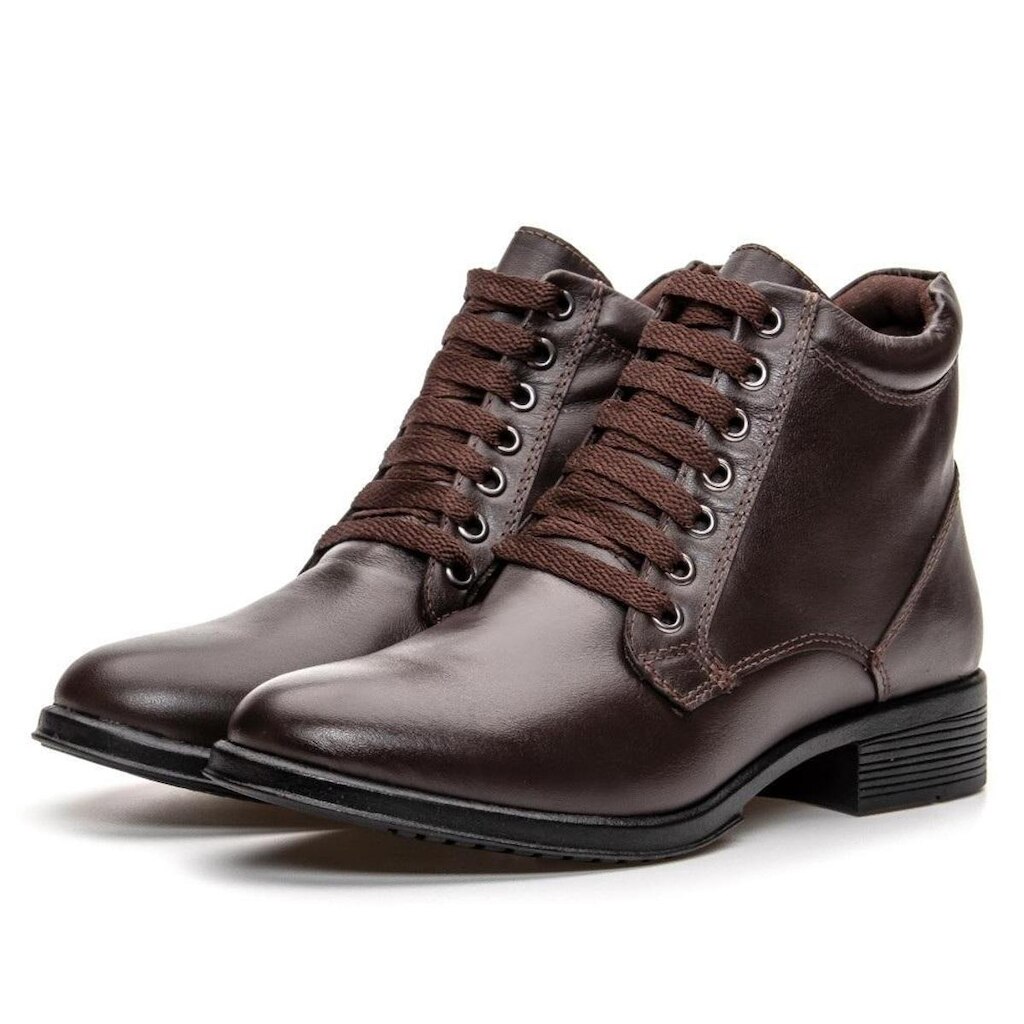 Bota Coturno Feminino Em Couro Cano Medio Fechamento Cadarço Solado Borracha Inverno Frio