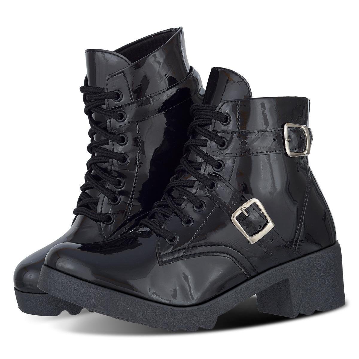 Bota Coturno Feminino Tratorada Verniz - Preto Menor preço em Bota Coturno Feminino Tratorada Verniz - Preto
