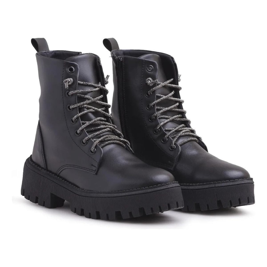 Bota Coturno Feminino Tratorado Cadarço em Strass e Zíper Lateral Casual