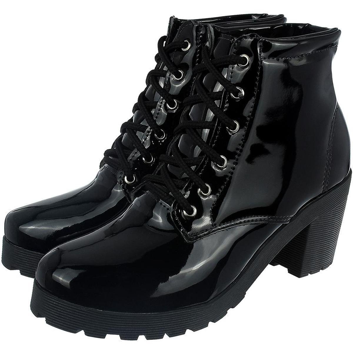 Bota Coturno Feminino Tratorado CM Calçados Salto Grosso Verniz ou Napa Santorine Fosco - Preto+Grafite Menor preço em Bota Coturno Feminino Tratorado CM Calçados Salto Grosso Verniz ou Napa Santorine Fosco - Preto+Grafite