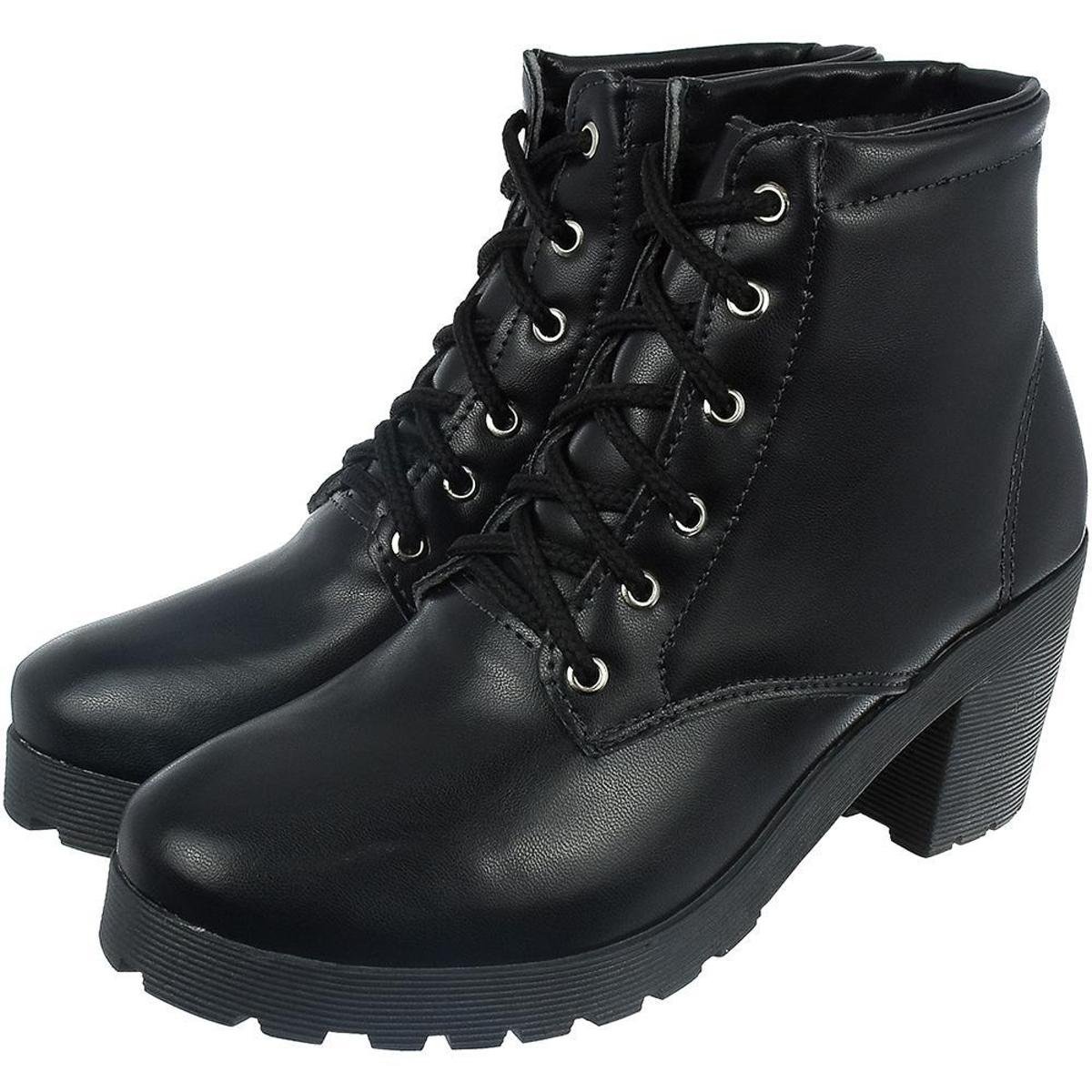 Bota Coturno Feminino Tratorado CM Calçados Salto Grosso Verniz ou Napa Santorine Fosco - Preto Menor preço em Bota Coturno Feminino Tratorado CM Calçados Salto Grosso Verniz ou Napa Santorine Fosco - Preto