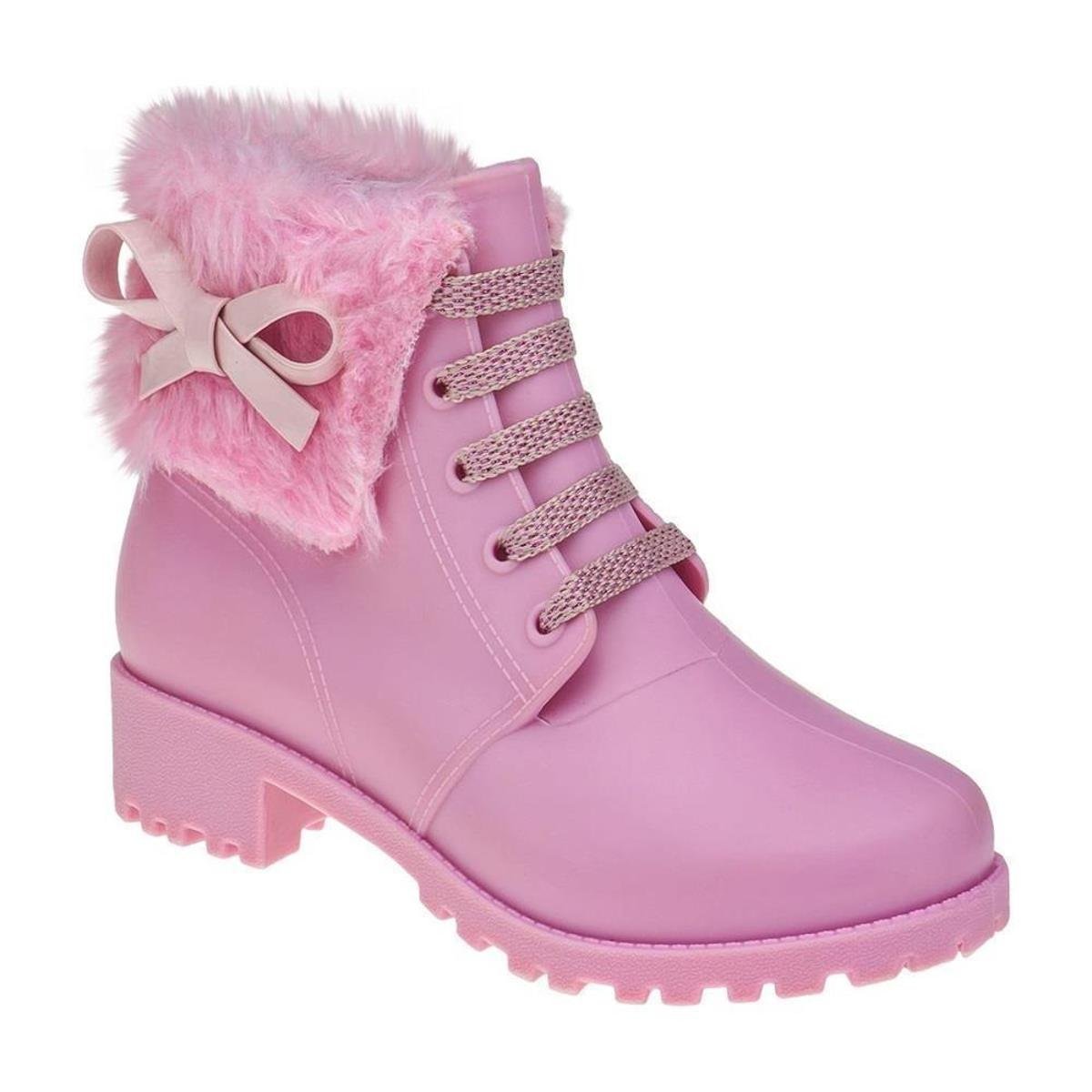 Bota Coturno Infantil Pelúcia Laço Feminina - Rosa Menor preço em Bota Coturno Infantil Pelúcia Laço Feminina - Rosa
