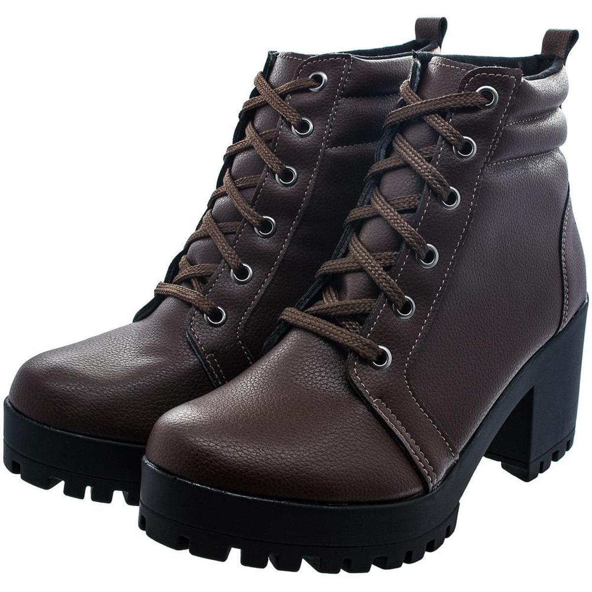 Bota Coturno Lallu Salto Grosso Moda Feminino - Marrom Menor preço em Bota Coturno Lallu Salto Grosso Moda Feminino - Marrom