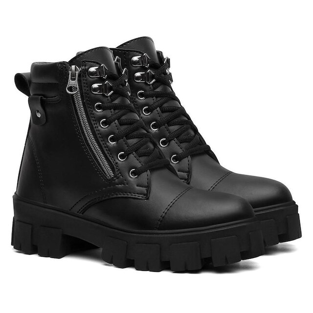 Bota Coturno Lisa Zíper Cadarço Tratorada Feminina Casual