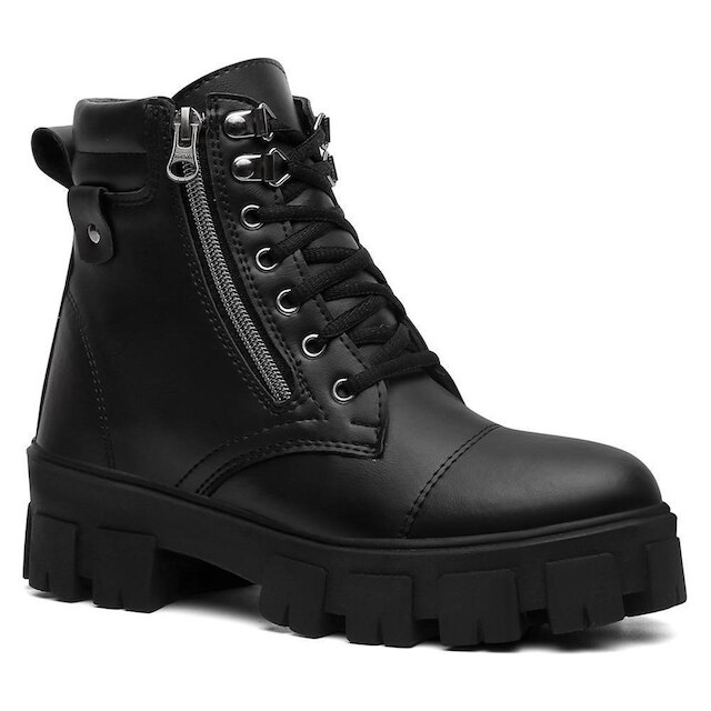 Bota Coturno Lisa Zíper Cadarço Tratorada Feminina Casual
