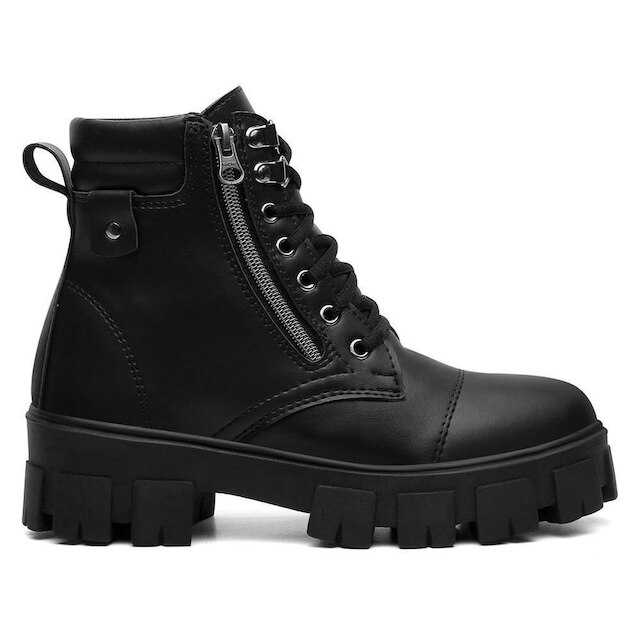 Bota Coturno Lisa Zíper Cadarço Tratorada Feminina Casual