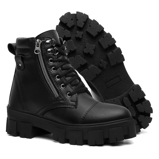 Bota Coturno Lisa Zíper Cadarço Tratorada Feminina Casual