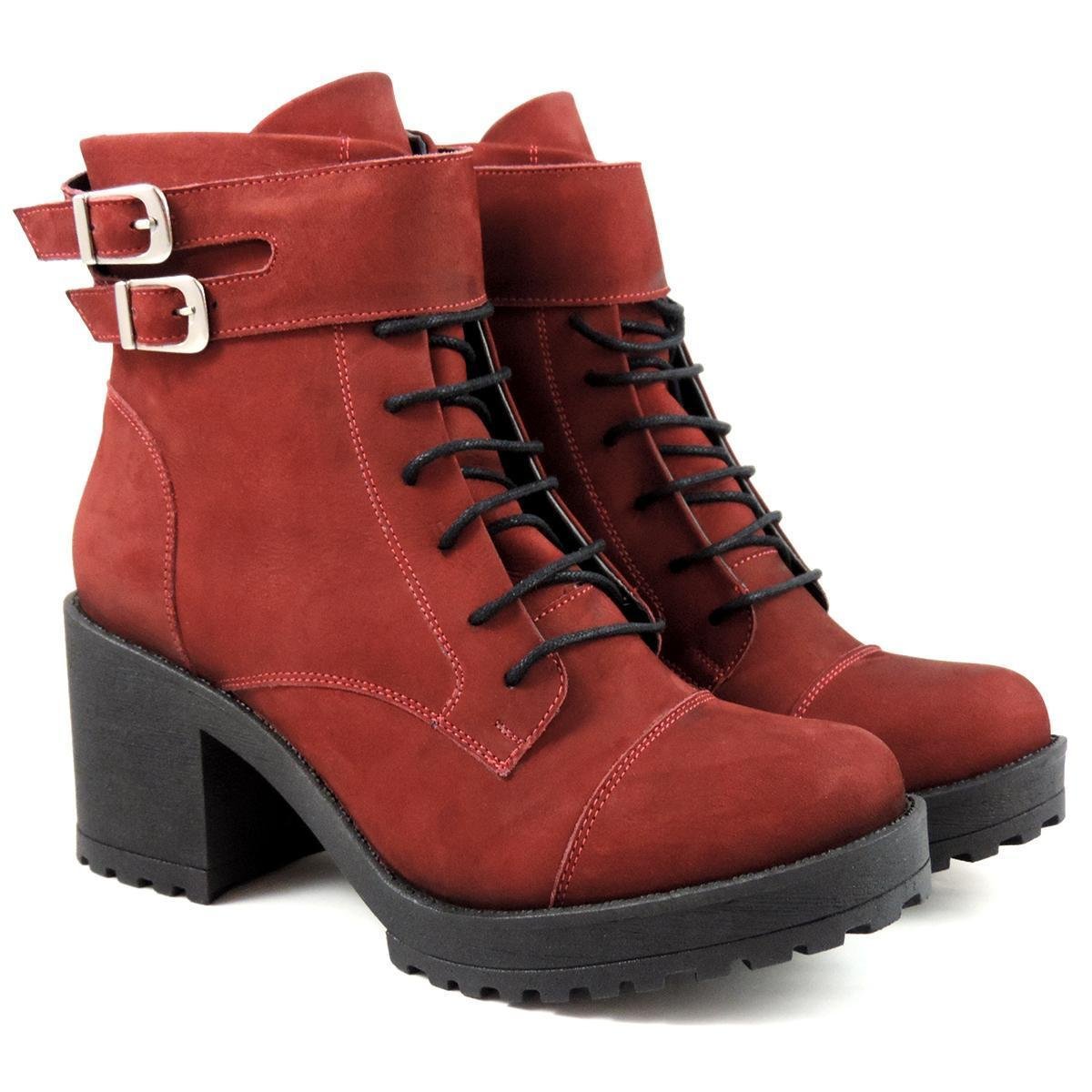 Bota Coturno Lua Clara Couro Feminino - Vermelho Escuro Menor preço em Bota Coturno Lua Clara Couro Feminino - Vermelho Escuro