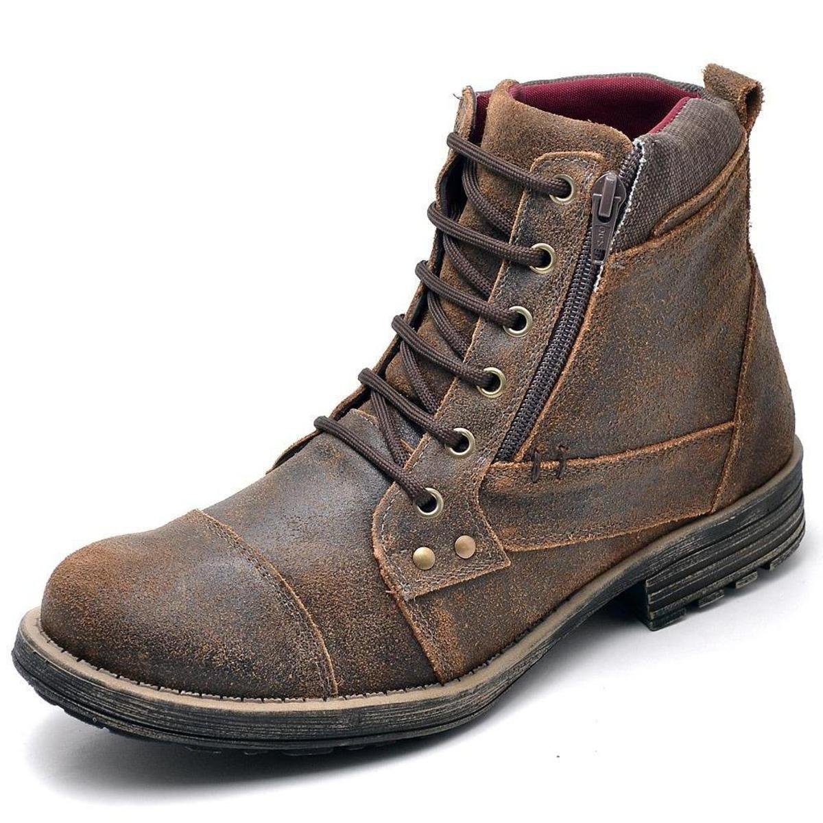 Bota Coturno Masculina Couro Cadarço e Ziper Lateral Solado PVC Menor preço em Bota Coturno Masculina Couro Cadarço e Ziper Lateral Solado PVC
