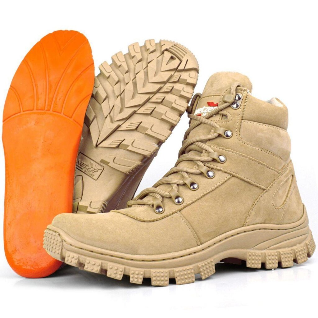 Bota Coturno Masculina Militar Cano Médio Em Couro Cadarço Solado Tratorado Areia