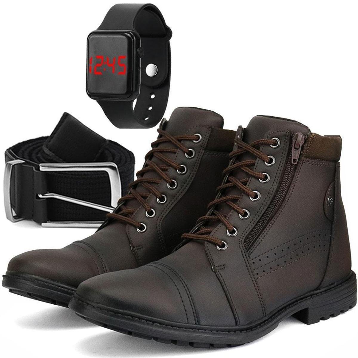 Bota Coturno Masculino Casual Tratorada com Zíper + Cinto Gorgurão e Relógio Digital Menor preço em Bota Coturno Masculino Casual Tratorada com Zíper + Cinto Gorgurão e Relógio Digital
