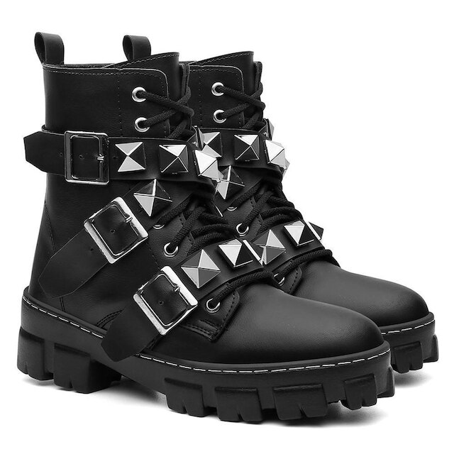 Bota Coturno Metal Fivela Cadarço Feminino Conforto