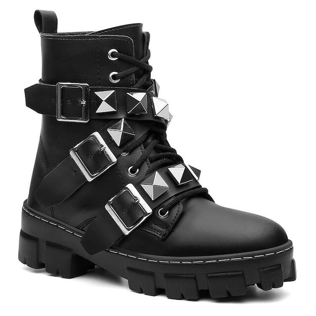 Bota Coturno Metal Fivela Cadarço Feminino Conforto