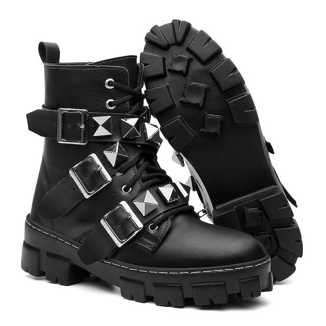 Bota Coturno Metal Fivela Cadarço Feminino Conforto