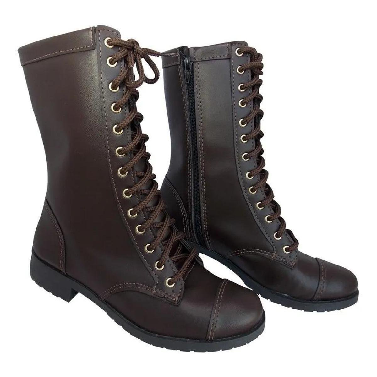 Bota Coturno Moda Pé Cano Médio Estilo Militar Feminina Menor preço em Bota Coturno Moda Pé Cano Médio Estilo Militar Feminina