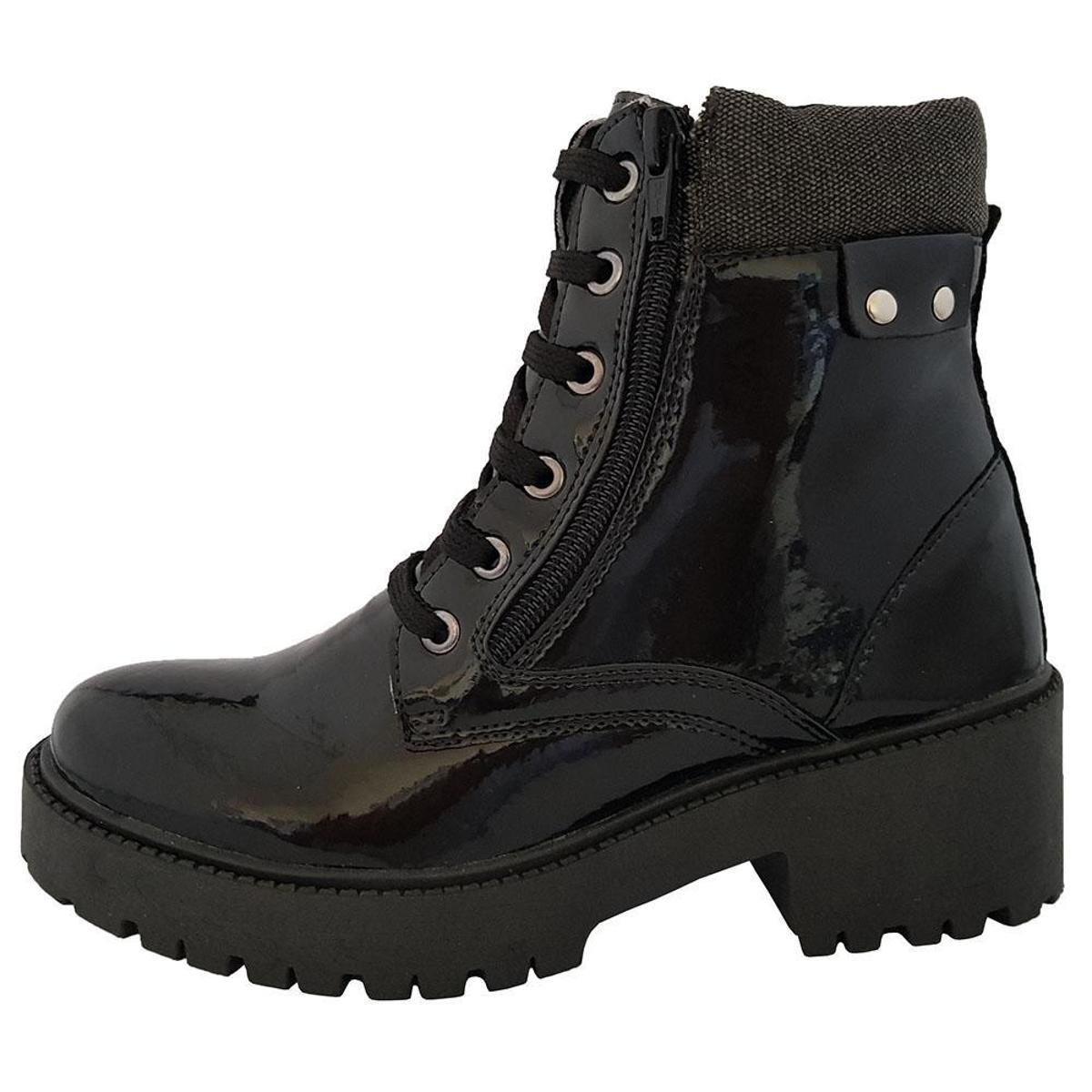 Bota Coturno Navit Shoes Tratorada Verniz Feminina - Preto Menor preço em Bota Coturno Navit Shoes Tratorada Verniz Feminina - Preto