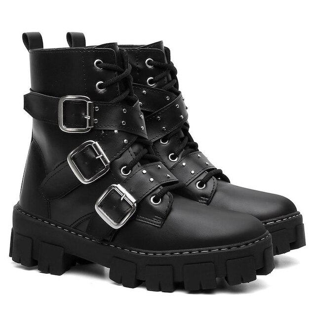 Bota Coturno Tratadorada Rebites Fivela Feminino Conforto