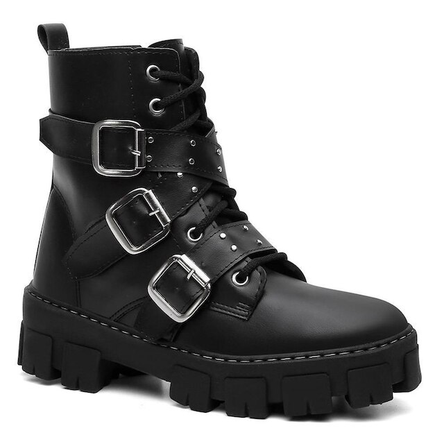 Bota Coturno Tratadorada Rebites Fivela Feminino Conforto