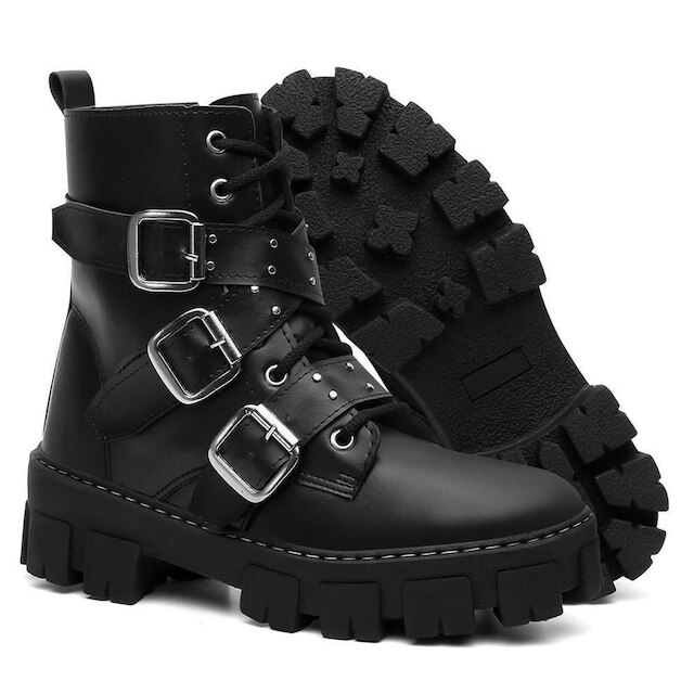 Bota Coturno Tratadorada Rebites Fivela Feminino Conforto