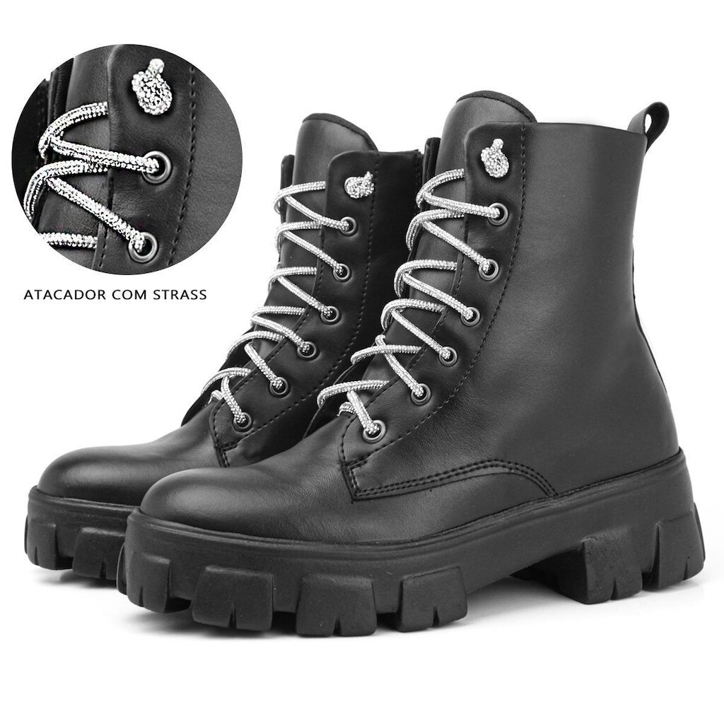 Bota Coturno Tratorado Strass Glitter Feminino Wit Shoes