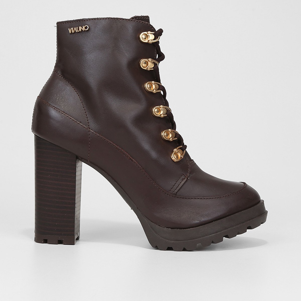 Bota Coturno Via Uno Couro Salto Alto Feminina - Marrom Menor preço em Bota Coturno Via Uno Couro Salto Alto Feminina - Marrom