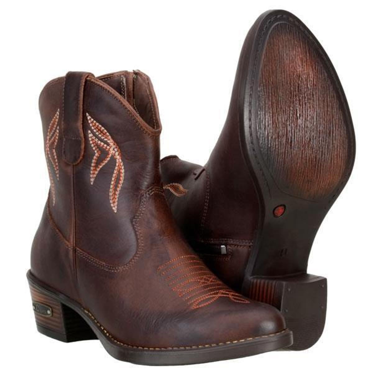 Bota Country Feminina Couro Zíper Cano Baixo Bordado Estilo - Marrom+Laranja Menor preço em Bota Country Feminina Couro Zíper Cano Baixo Bordado Estilo - Marrom+Laranja