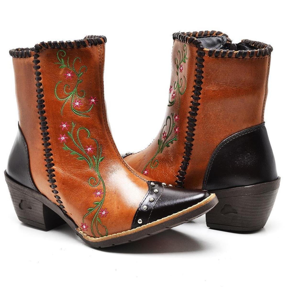 Bota Country Feminina Couro Zíper Cano Curto Conforto Estilo - Marrom Claro+Preto Menor preço em Bota Country Feminina Couro Zíper Cano Curto Conforto Estilo - Marrom Claro+Preto