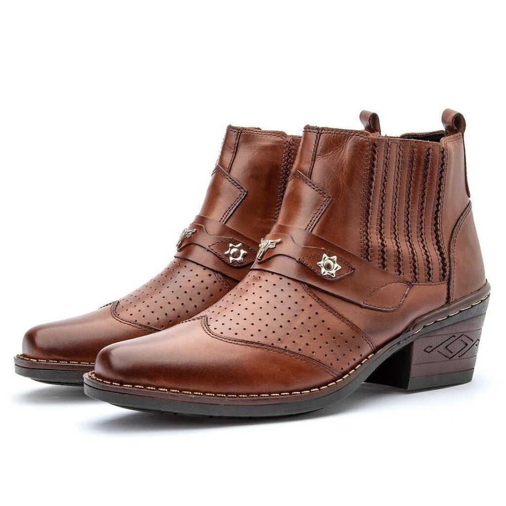 Bota Country Texana Masculina Couro Elastico Lateral Apliques Pingentes Salto Baixo Barretos