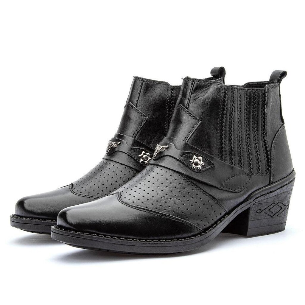 Bota Country Texana Masculina Couro Elastico Lateral Apliques Pingentes Salto Baixo Barretos