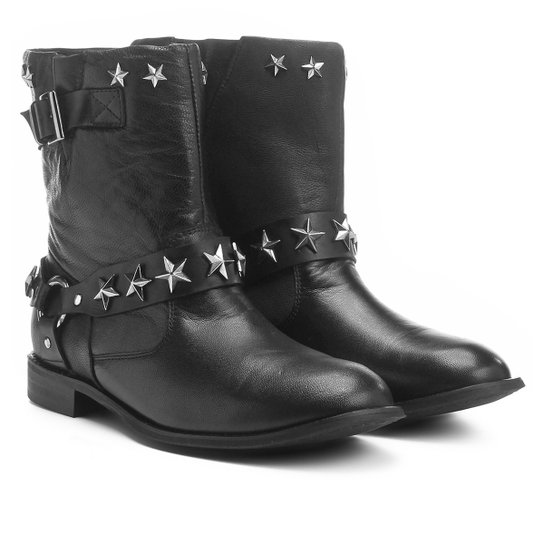 Bota Couro Biker Shoestock Estrelas Feminina - Preto