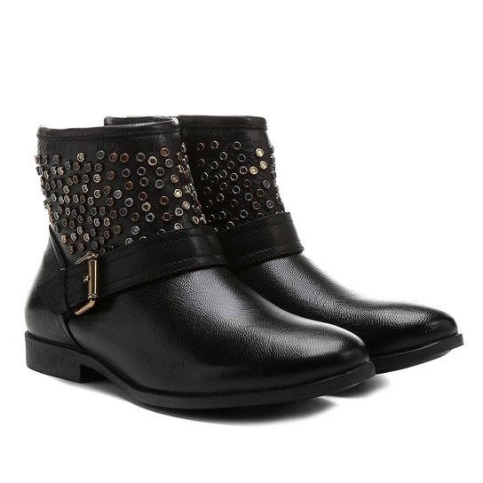 Bota Couro Biker Shoestock Tachas Feminina - Preto