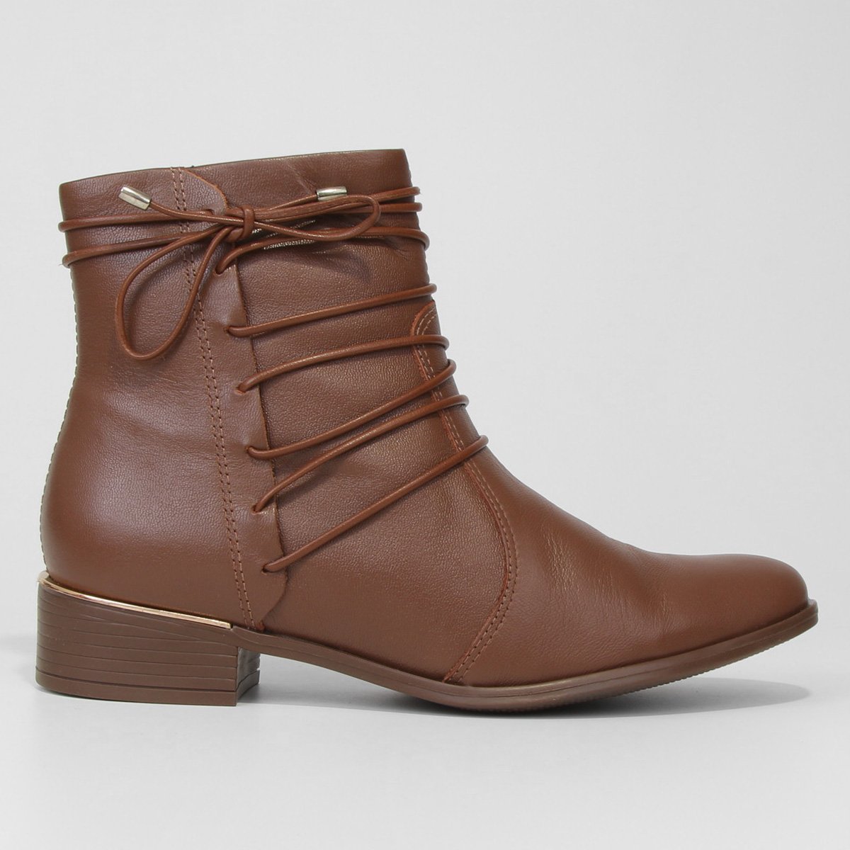 Bota Couro Cano Curto Ramarim Amarração Feminina - Marrom Menor preço em Bota Couro Cano Curto Ramarim Amarração Feminina - Marrom