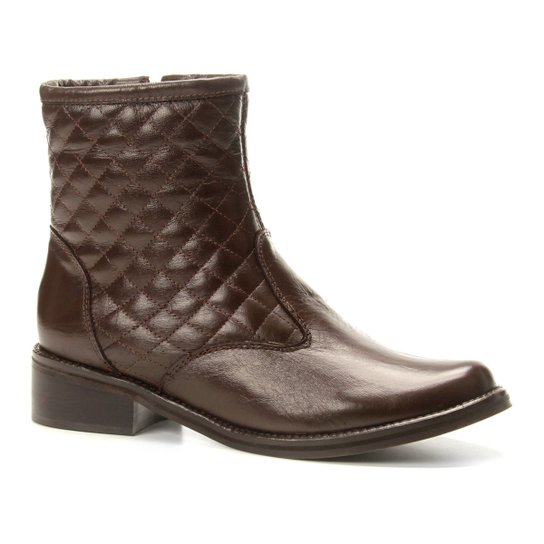 Bota Couro Cano Curto Shoestock Biker Matelassê Feminina - Café