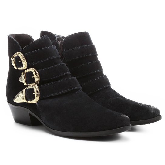 Bota Couro Cano Curto Shoestock Fivelas - Marinho